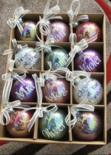 Load image into Gallery viewer, CHRISTMAS Baubles, glass, glitter, snow filled, personalised with any name, colour, wording - BE QUICK
