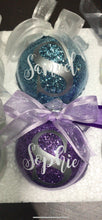 Load image into Gallery viewer, CHRISTMAS Baubles, glass, glitter, snow filled, personalised with any name, colour, wording - BE QUICK
