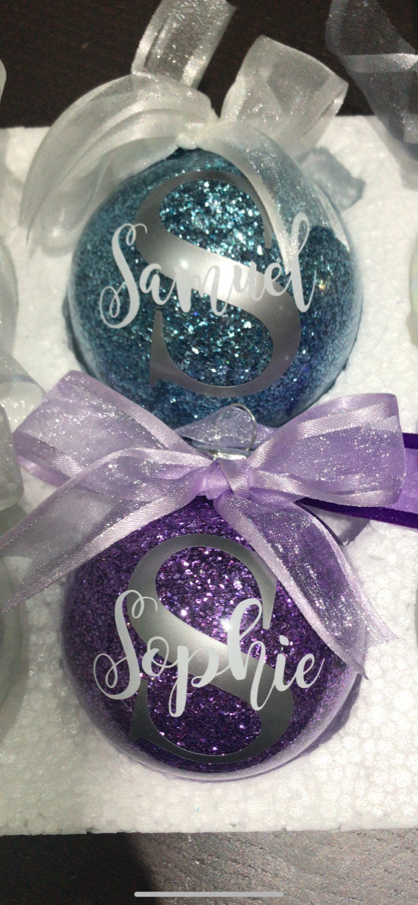 CHRISTMAS Baubles, glass, glitter, snow filled, personalised with any name, colour, wording - BE QUICK