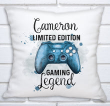 Load image into Gallery viewer, Personalised Gamer Game Cushion, Console, PS Station, X, Blue, Red or Gold - Christmas Gift - fully customisable
